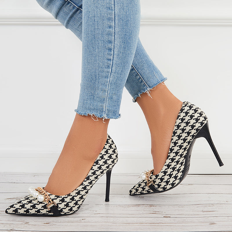 Plaid Pointed Toe Pumps Pearls Slip on Stilettos High Heel Shoes