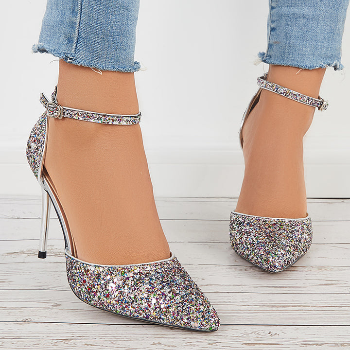 Shiny Pointed Toe Ankle Strap High Heel Stiletto Pumps Shoes