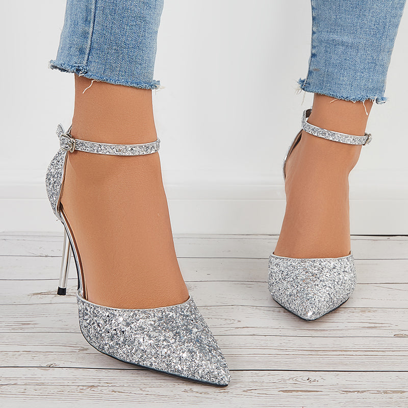Shiny Pointed Toe Ankle Strap High Heel Stiletto Pumps Shoes