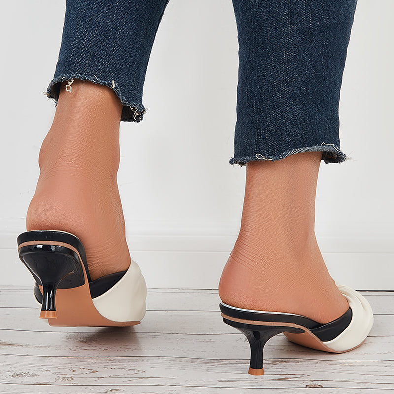 Pointed Toe Mule Heels Low Kitten Heel Slide Sandals