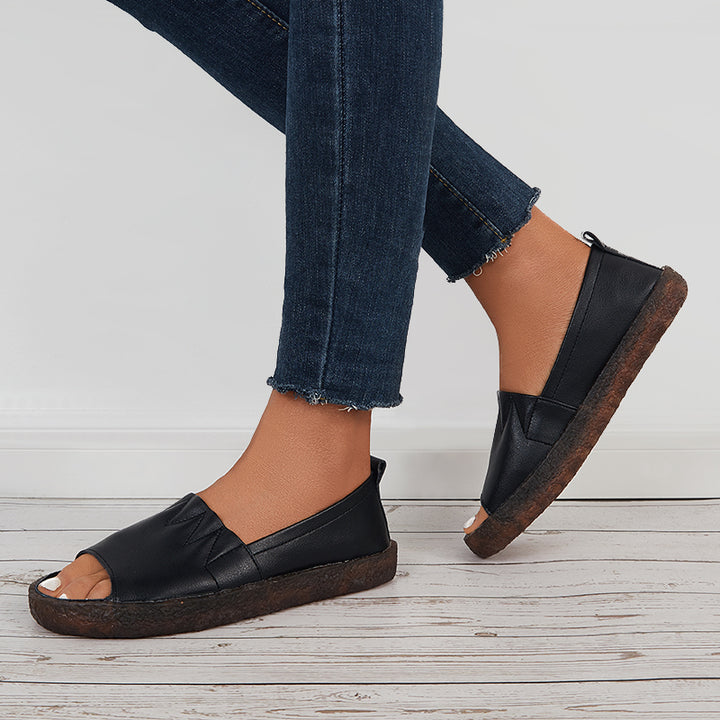 Peep Toe Loafers Slip on Flats Casual Walking Shoes