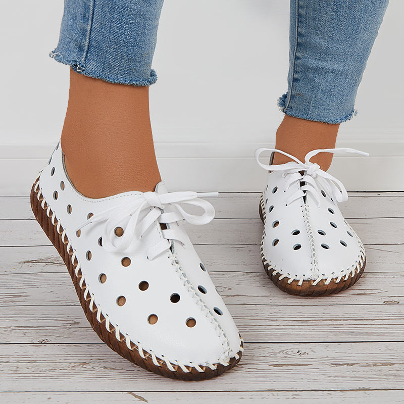 Round Toe Cutout Flats Low Top Lace Up Casual Shoes