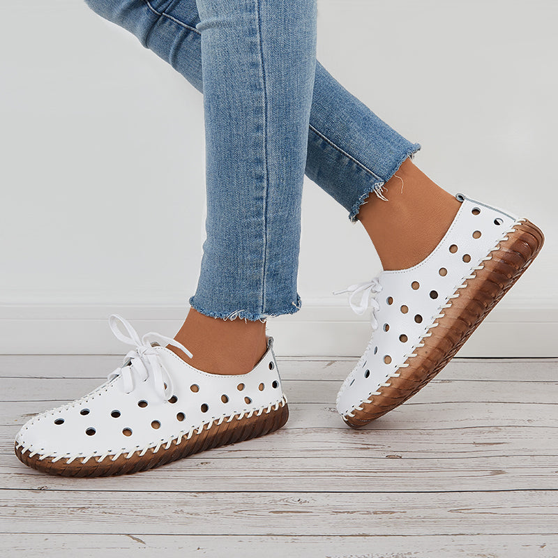 Round Toe Cutout Flats Low Top Lace Up Casual Shoes