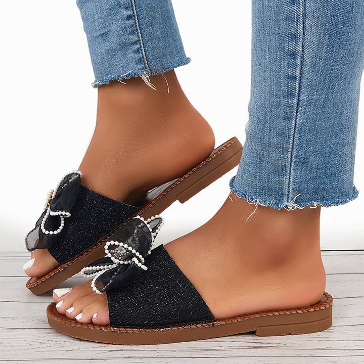 Mesh Bowknot Flat Mule Slide Sandals Holiday Beach Slippers