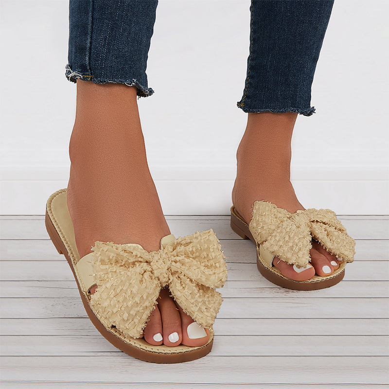 Comfy Bowknot Flat Round Toe Outdoor Slide Sandals