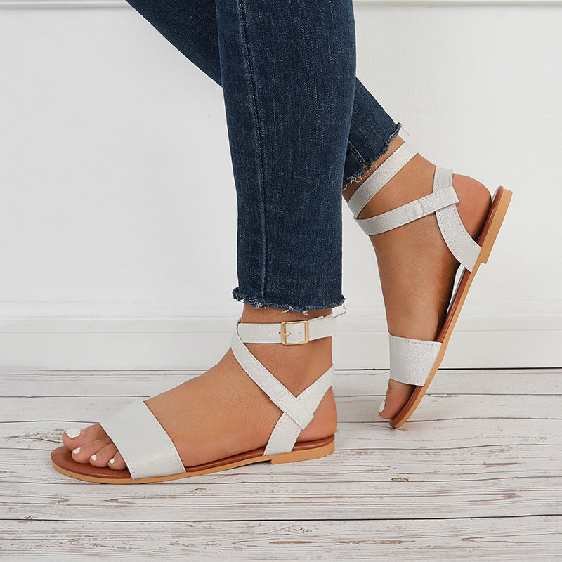 Summer Ankle Strappy Flat Sandals Open Toe Beach Shoes