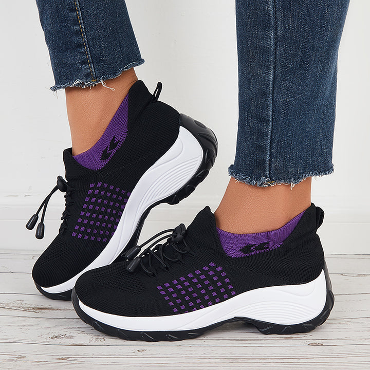 Stretch Knit Lace Up Chunky Sneakers Platform Walking Shoes