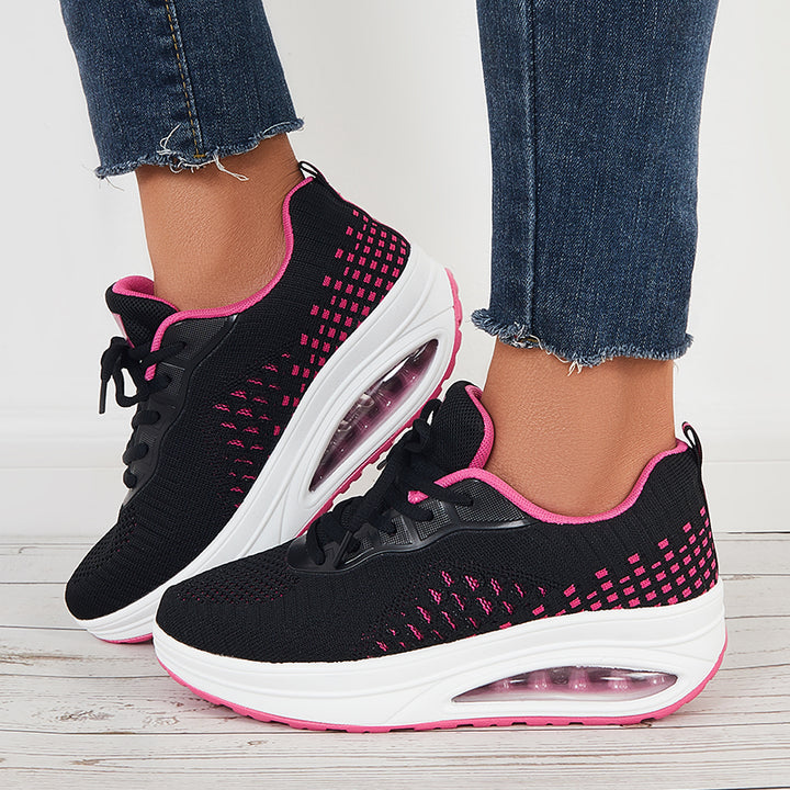 Knit Air Cushion Sneakers Lace Up Platform Walking Shoes