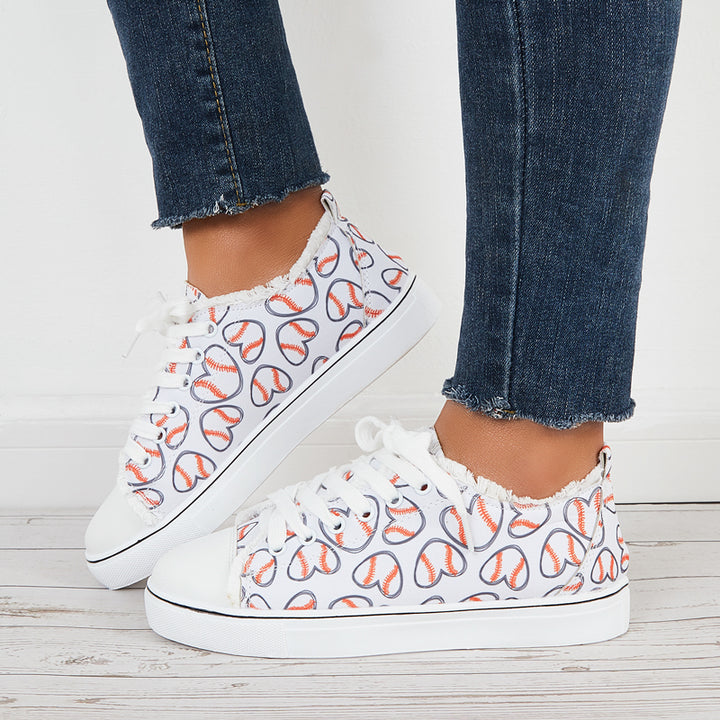 Heart Print Low Top Canvas Sneakers Lace Up Walking Shoes