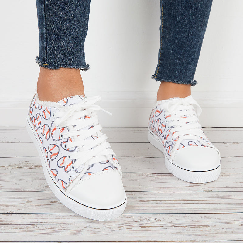 Heart Print Low Top Canvas Sneakers Lace Up Walking Shoes