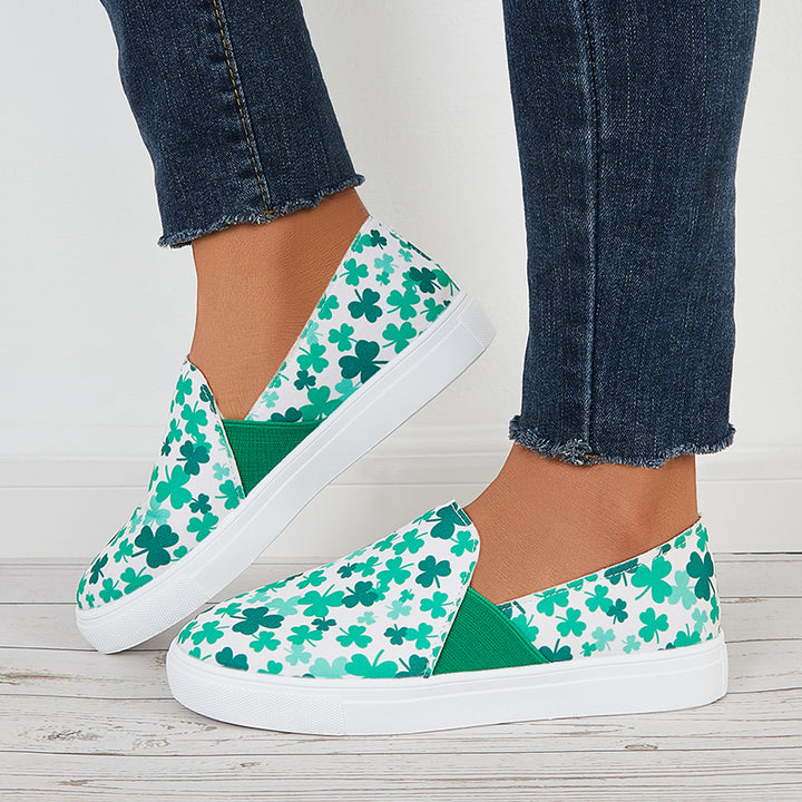 Green Floral Canvas Loafers Slip on Flatform Walking Shoes