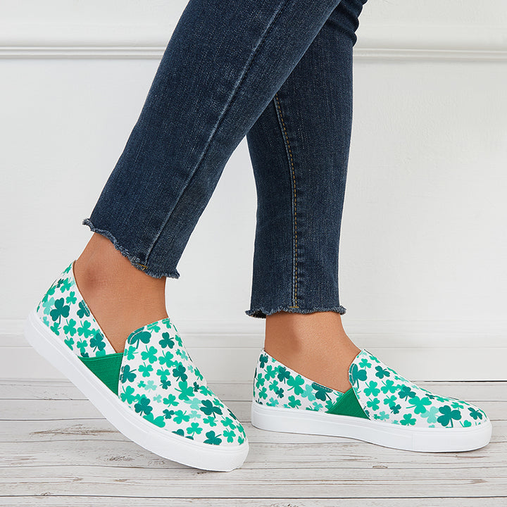 Green Floral Canvas Loafers Slip on Flatform Walking Shoes