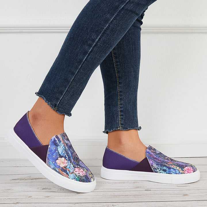 Floral Printed Canvas Loafers Slip on Flatform Walking Shoes