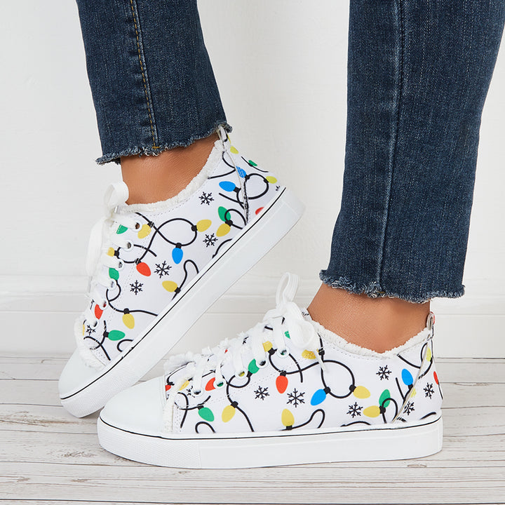 Cute Print Low Top Canvas Casual Shoes Lace Up Flat Sneakers