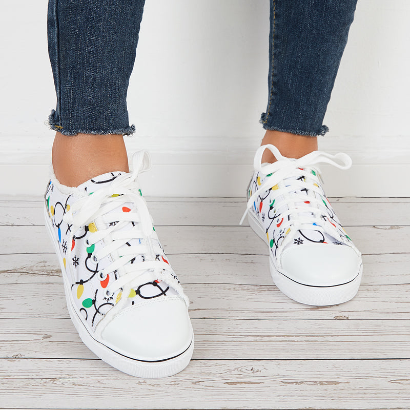 Cute Print Low Top Canvas Casual Shoes Lace Up Flat Sneakers