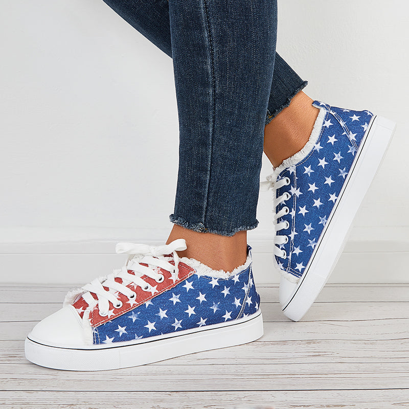 Star Print Low Top Canvas Sneakers Lace Up Flat Shoes