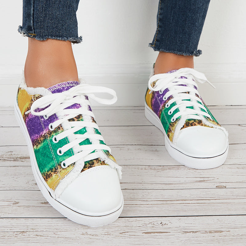 Multicolor Low Top Canvas Sneakers Lace Up Flat Shoes