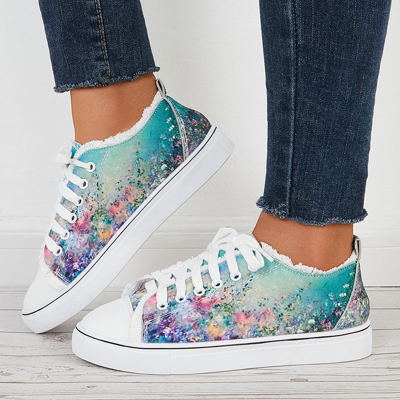 Floral Low Top Canvas Sneakers Lace Up Flats Walking Shoes
