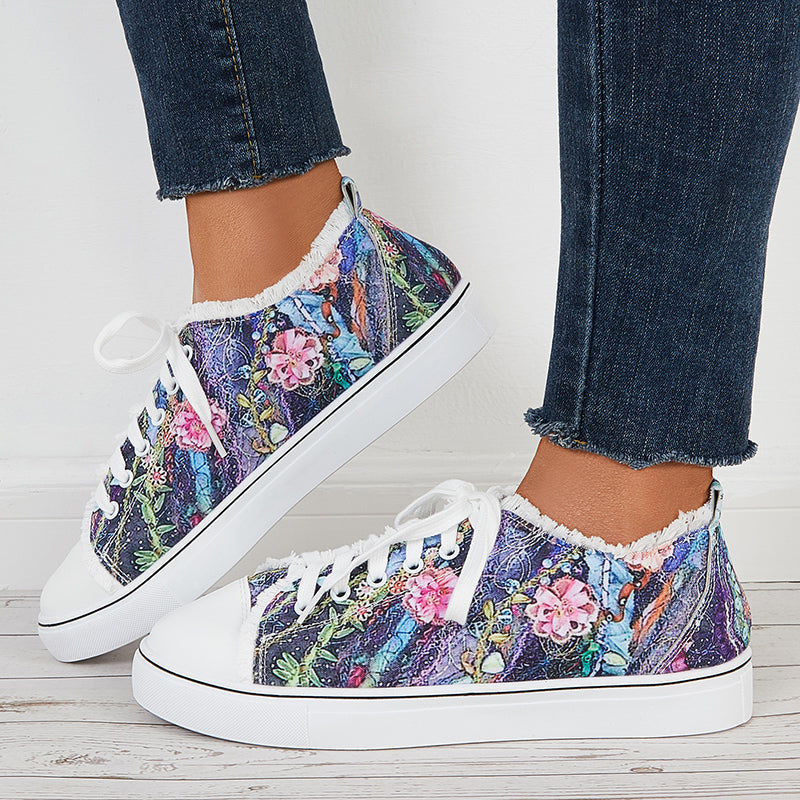 Floral Low Top Canvas Sneakers Lace Up Flats Walking Shoes