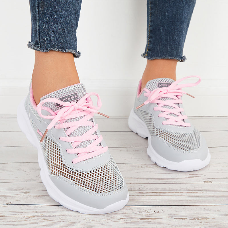 Breathable Mesh Sneakers Round Toe Lace Up Walking Shoes