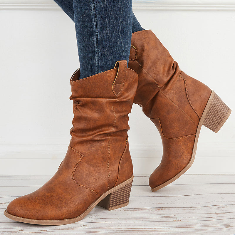Retro Western Cowgirl Booties Pull on Chunky Heel Ankle Boots