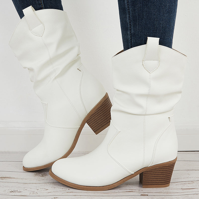 Retro Western Cowgirl Booties Pull on Chunky Heel Ankle Boots