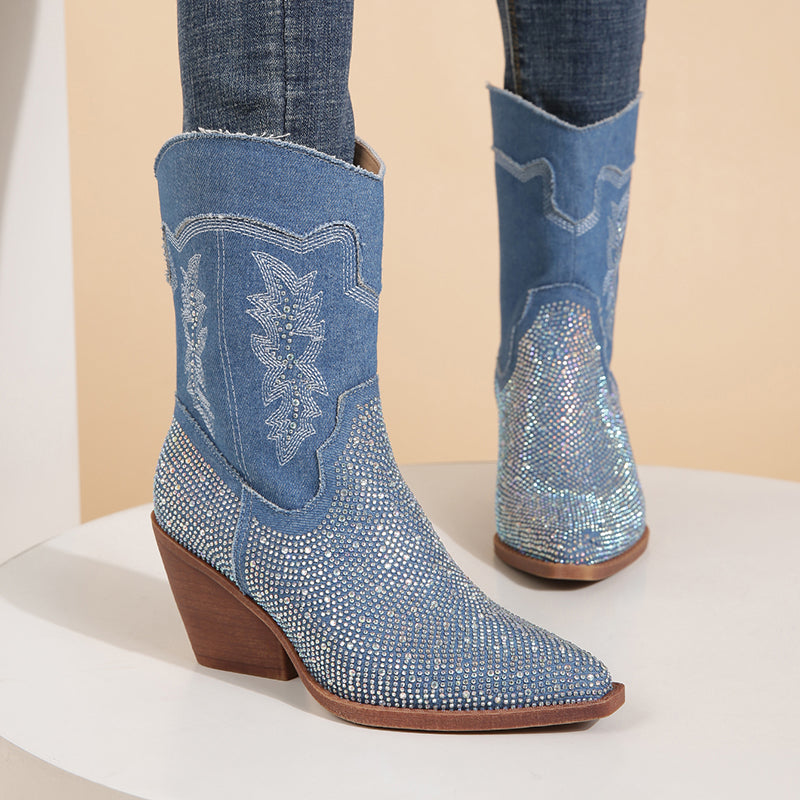 Rhinestone Embroidered Western Cowboy Boots Chunky Heel Mid Calf Boots