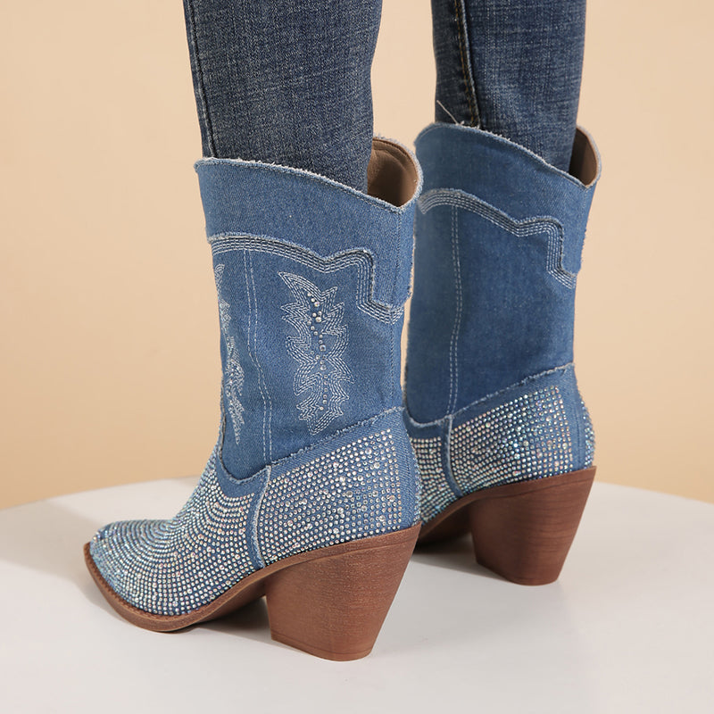 Rhinestone Embroidered Western Cowboy Boots Chunky Heel Mid Calf Boots