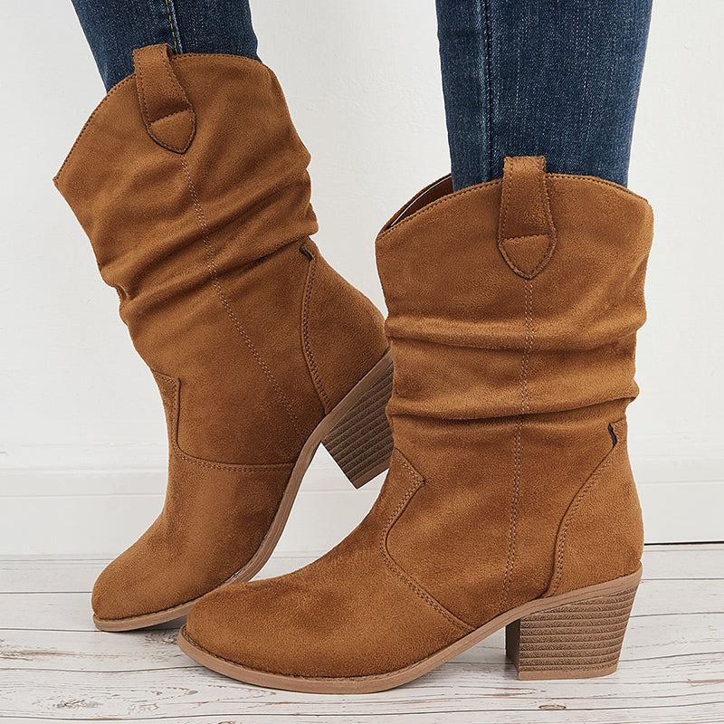 Suede Pull-On Western Ankle Boots Block Stacked Heel Booties