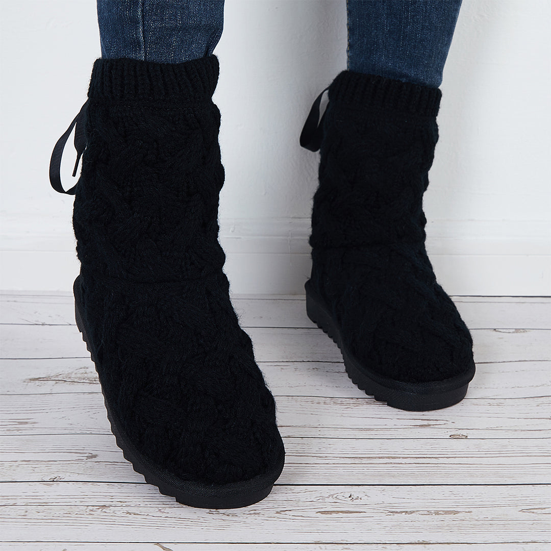 Knit Splicing Warm Ankle Boots Lace Up Winter Short Booties