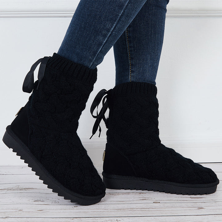Knit Splicing Warm Ankle Boots Lace Up Winter Short Booties