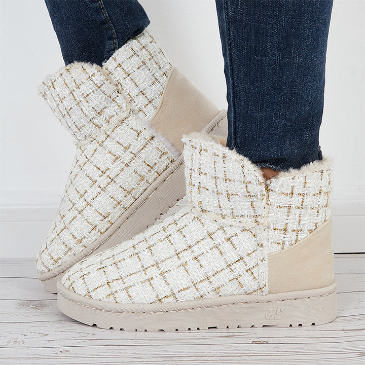 Plaid Design Slip On Ankle Boots Winter Thermal Snow Short Booties