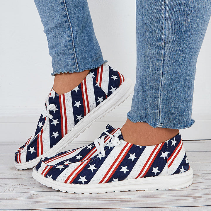 Star Print Stripe Lightweight Sneakers Lace Up Canvas Shoes