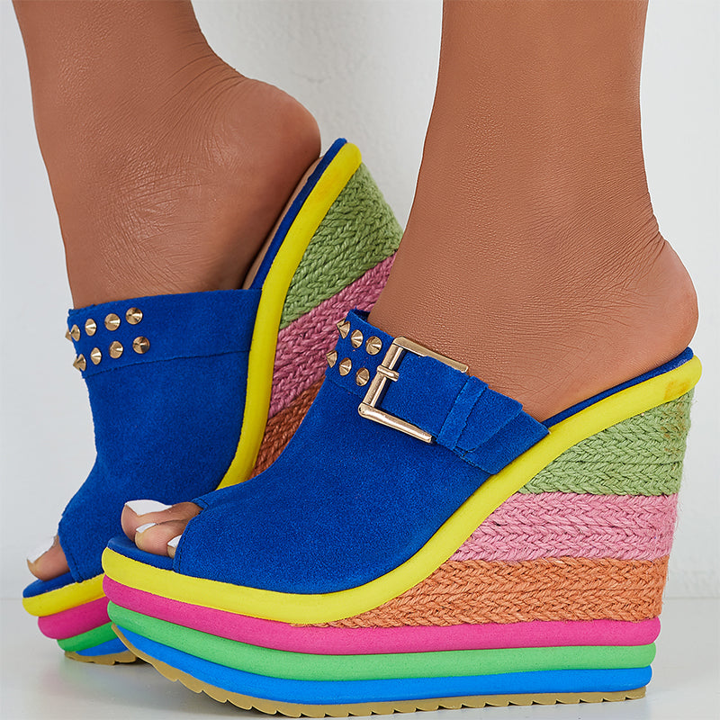 Rainbow Platform Wedge Slides Peep Toe Slip on Espadrille Heel Sandals