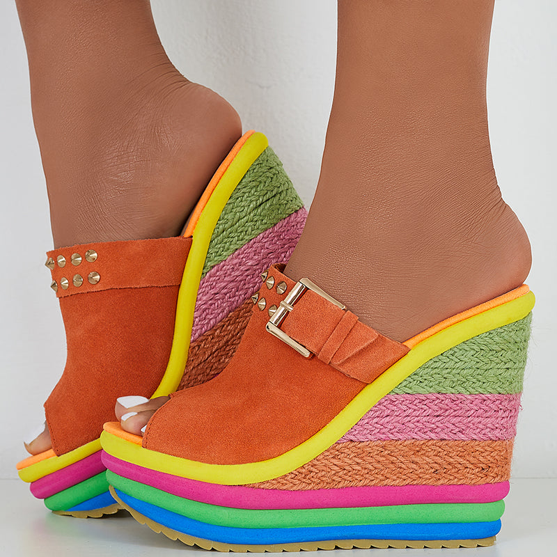 Rainbow Platform Wedge Slides Peep Toe Slip on Espadrille Heel Sandals