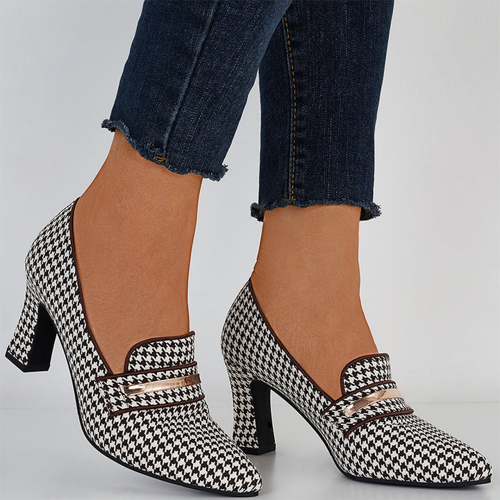 Plaid Thick Heel Mary Jane Pumps Pointed Toe Ankle Strap Heels