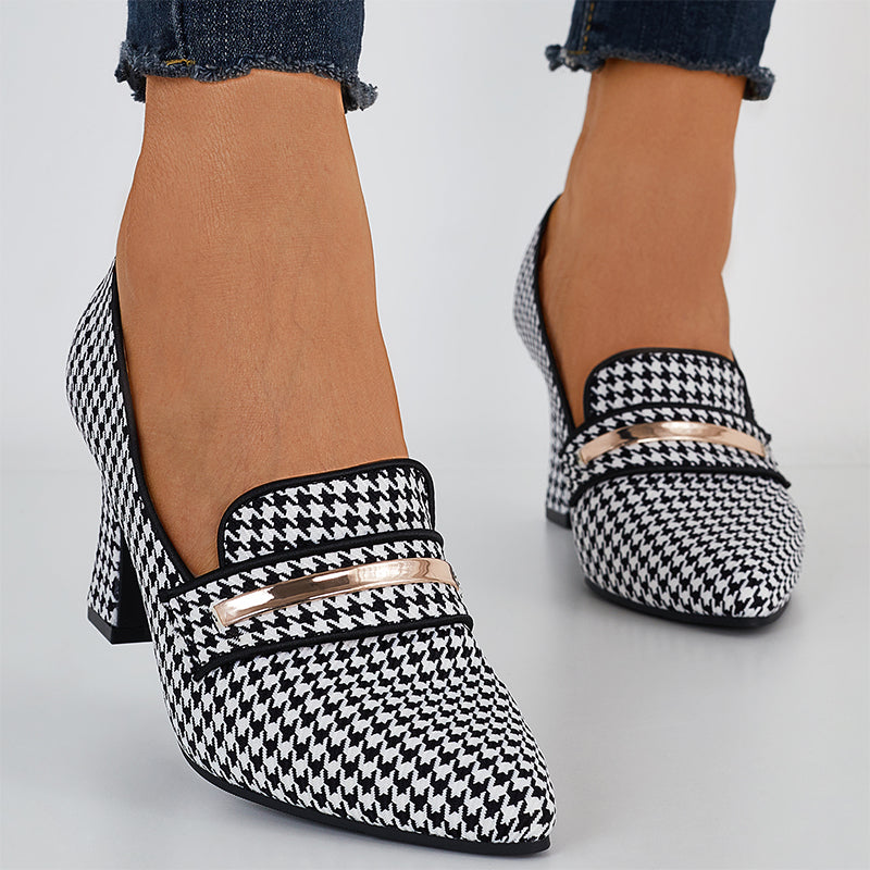 Plaid Thick Heel Mary Jane Pumps Pointed Toe Ankle Strap Heels