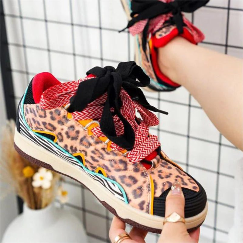 Leopard Lace Up Chunky Sneakers Non Slip Sport Walking Shoes