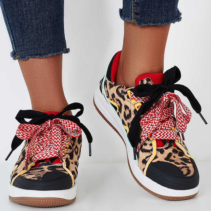 Leopard Lace Up Chunky Sneakers Non Slip Sport Walking Shoes