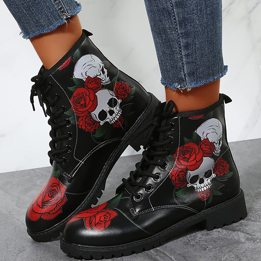 Halloween Skull Military Combat Boots Chunky Low Heel Ankle Boots