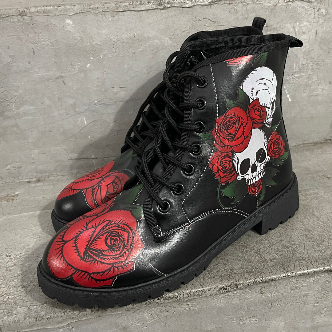Halloween Skull Military Combat Boots Chunky Low Heel Ankle Boots