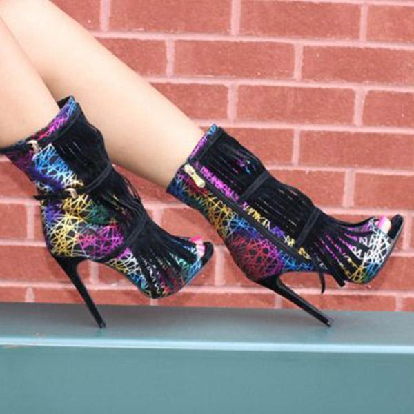Fashion Fringe Peep Toe Stilettos High Heels Ankle Boots