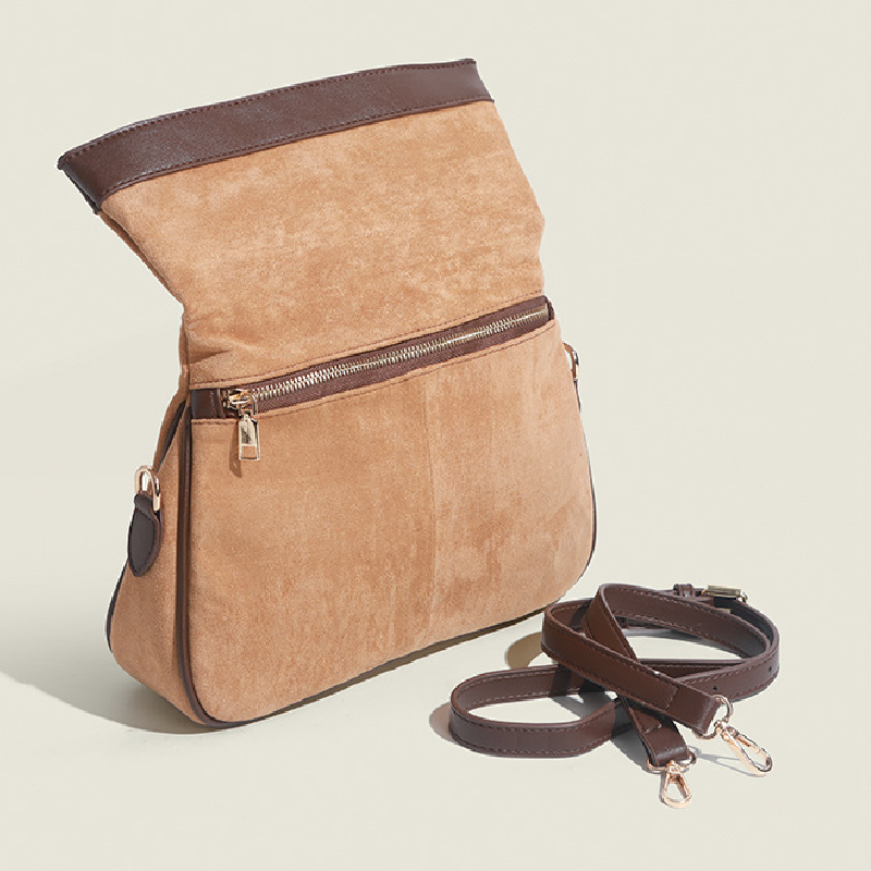 Vintage Suede Messenger Shoulder Bag Color Contrast Flap Crossbody Bag Versatile Bag For School