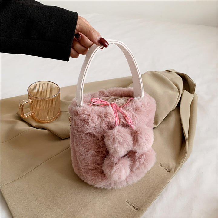Trendy Faux Fur Handbag Pom Pom Decor Bucket Bag Plush Drawstring Satchel Bag