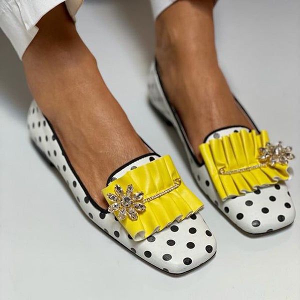 Polka Dot Print Square Toe Slip-On Flats Loafers