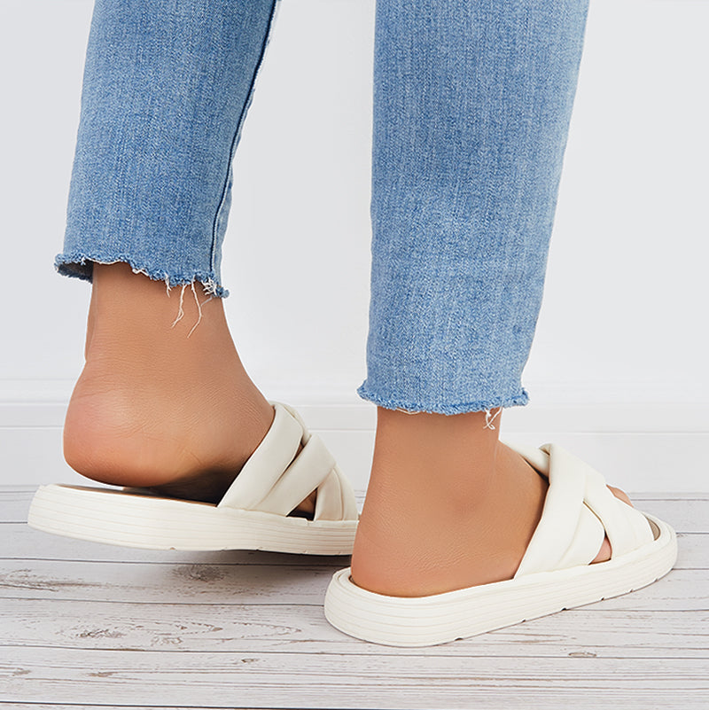 Round Toe Crisscross Flat Slippers Soft Slide Sandals