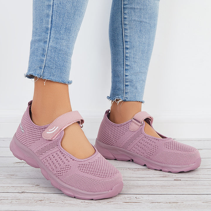 Velcro Breathable Knit Sneakers Slip on Walking Shoes