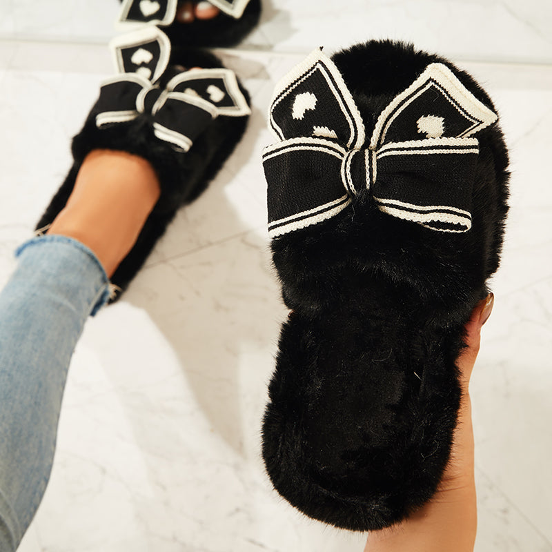 Open Toe Bowknot Furry Bedroom Slippers Soft Footbed Shoes