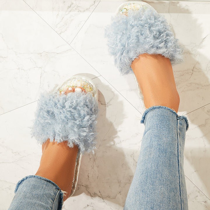 Open Toe Fluffy Bedroom Slippers Soft Footbed Shoes