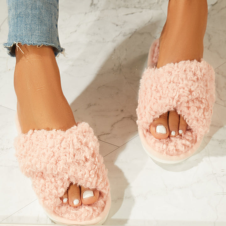 Criss Cross Open Toe Furry Bedroom Slippers Soft Shoes